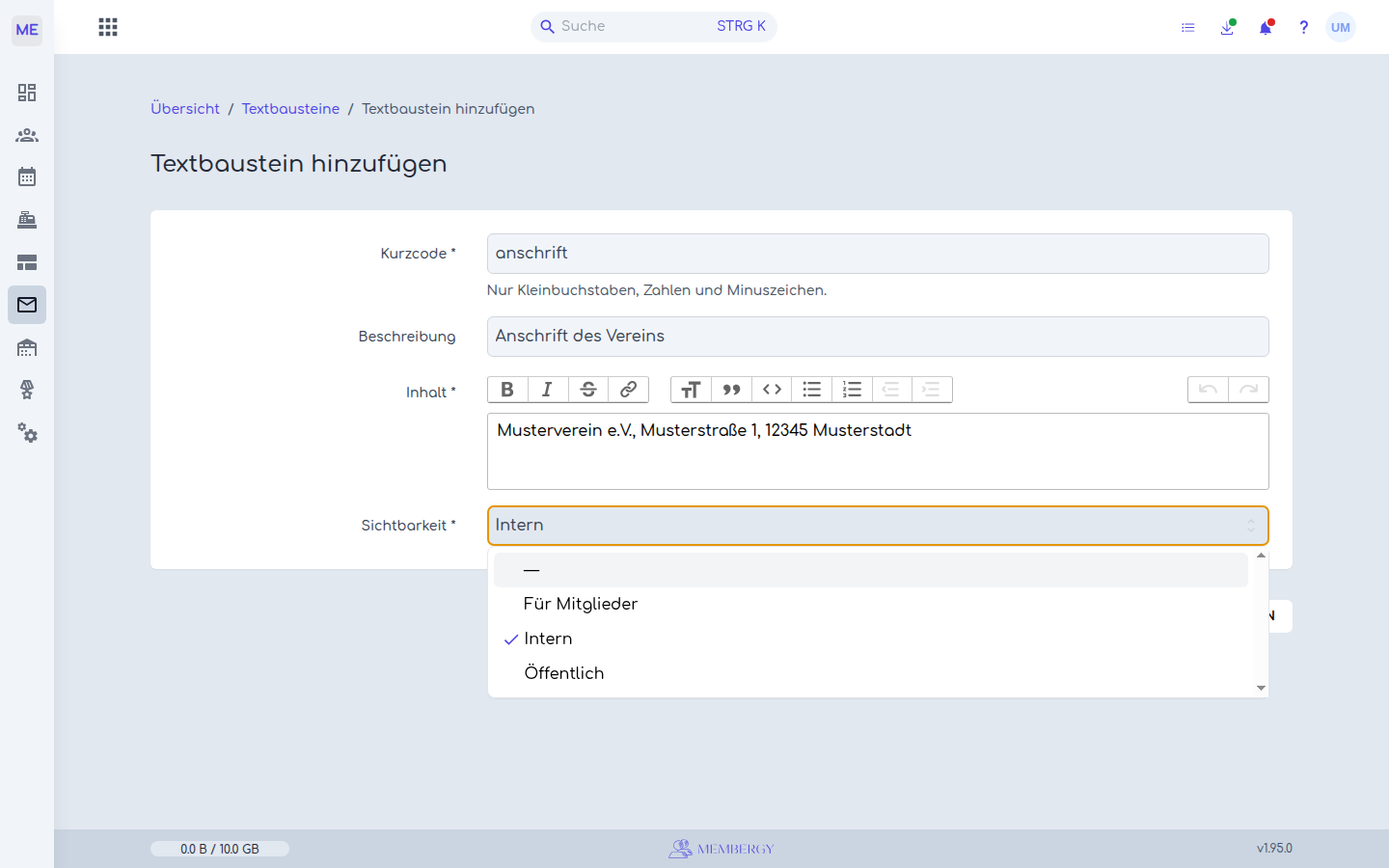 Das Formular für einen neuen Textbaustein mit geöffneter Auswahl der Sichtbarkeit