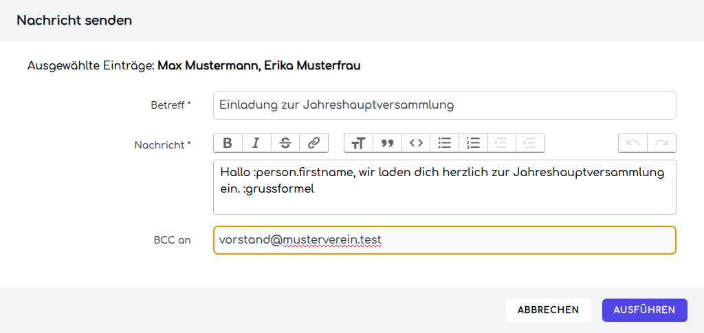 Der Dialog „Nachricht senden" mit Betreff, Nachrichtentext und BCC-Adresse