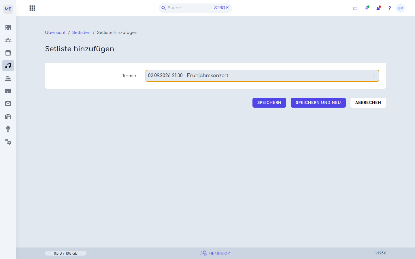 Das Formular für eine neue Setliste