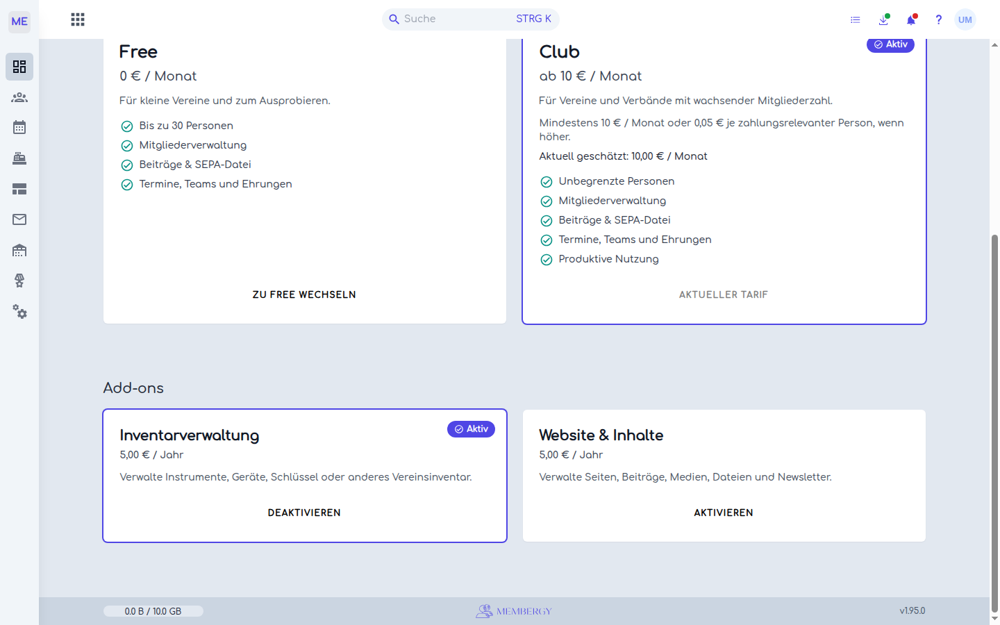 Die Add-ons mit aktivierter Inventarverwaltung