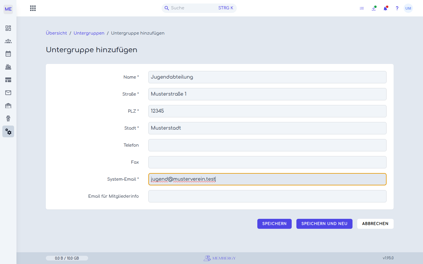 Das Formular für eine neue Untergruppe