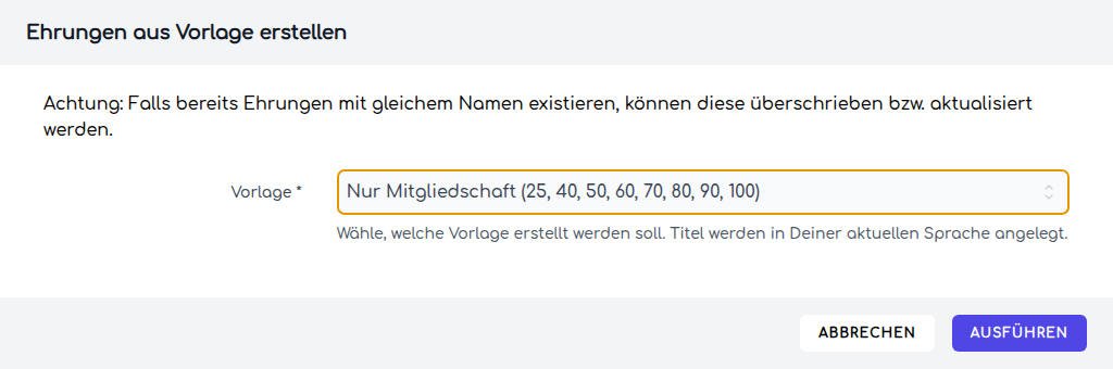 Der Dialog mit der Auswahl der Vorlage