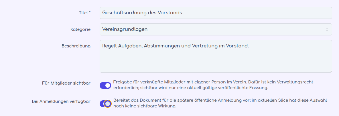 Dokumentdaten für eine Geschäftsordnung