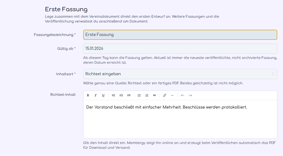 Erste Fassung im Richtext-Editor