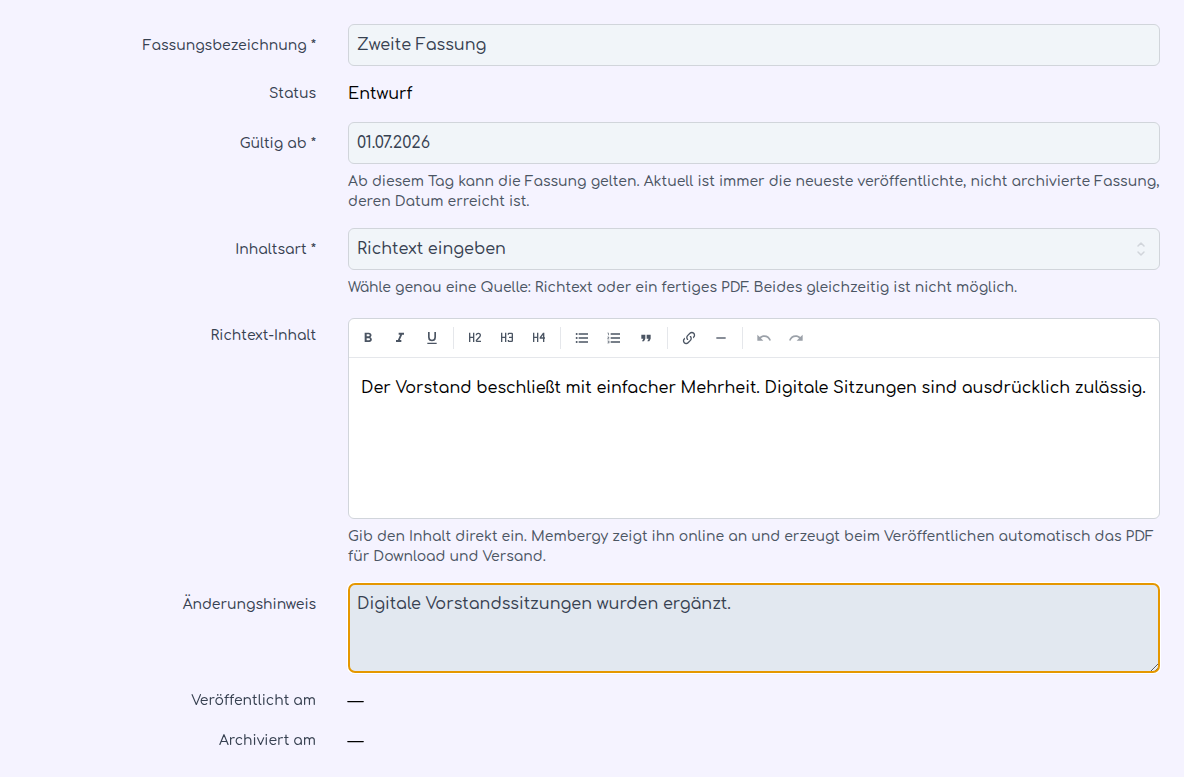 Eine zweite Fassung mit Änderungshinweis