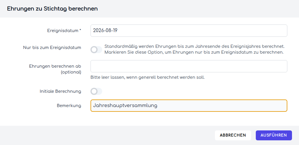 Der Dialog mit Ereignisdatum, Optionen und Bemerkung