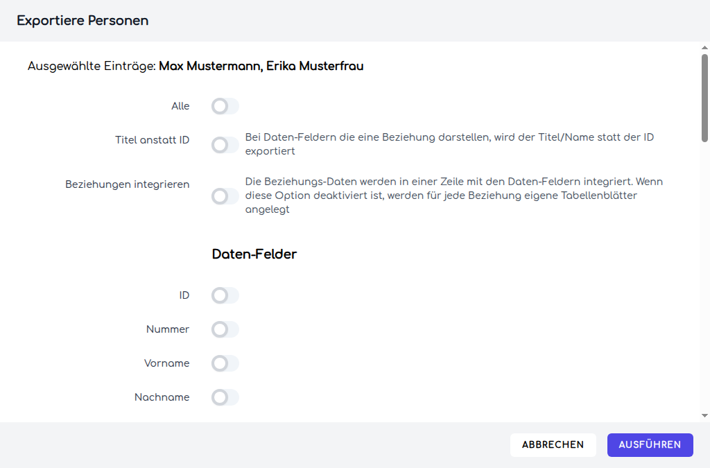 Der Bestätigungsdialog des Exports