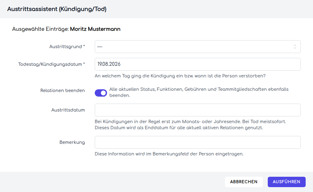 Der Dialog des Austrittsassistenten
