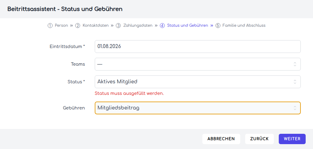 Der Schritt Status und Gebühren