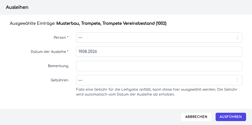 Der Ausleih-Dialog