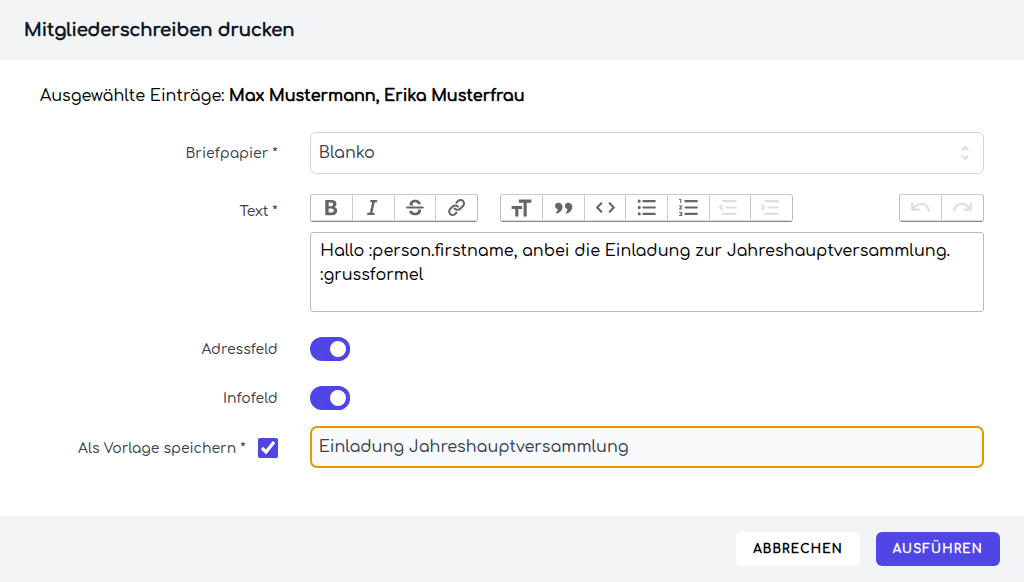 Der Dialog „Mitgliederschreiben drucken" mit Briefpapier, Text, Adressfeld, Infofeld und Vorlagenname
