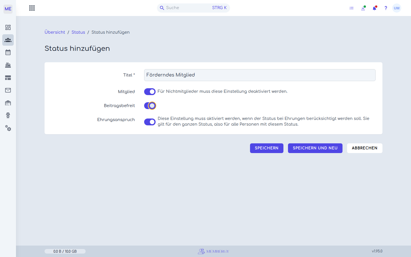 Das Formular für einen neuen Mitgliedsstatus