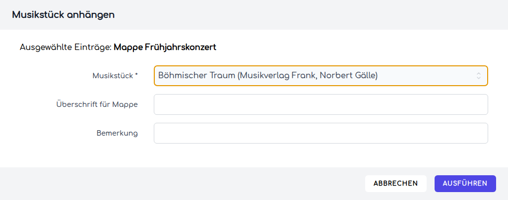 Der Dialog zum Anhängen eines Musikstücks