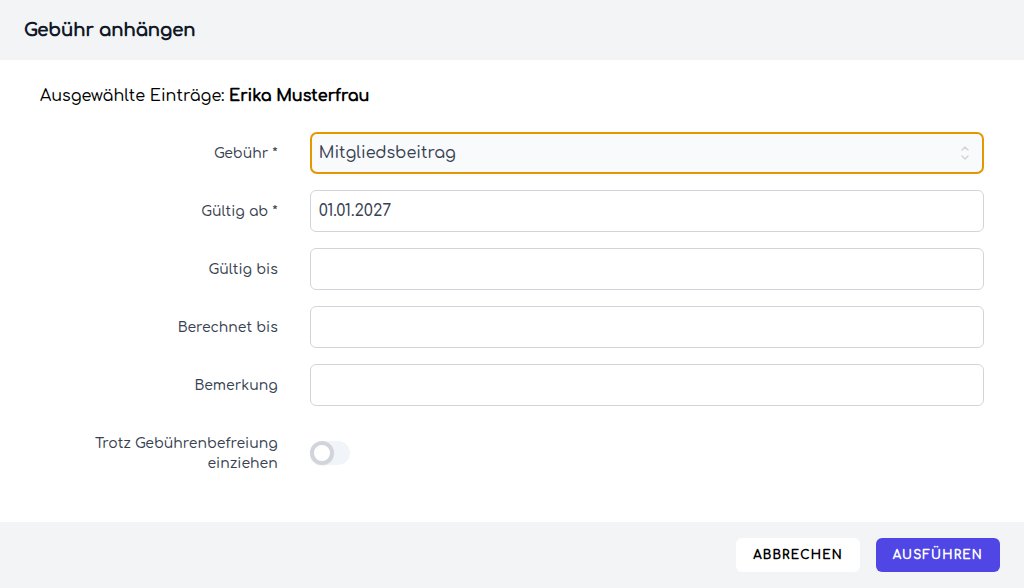 Der Dialog zum Anhängen einer Gebühr