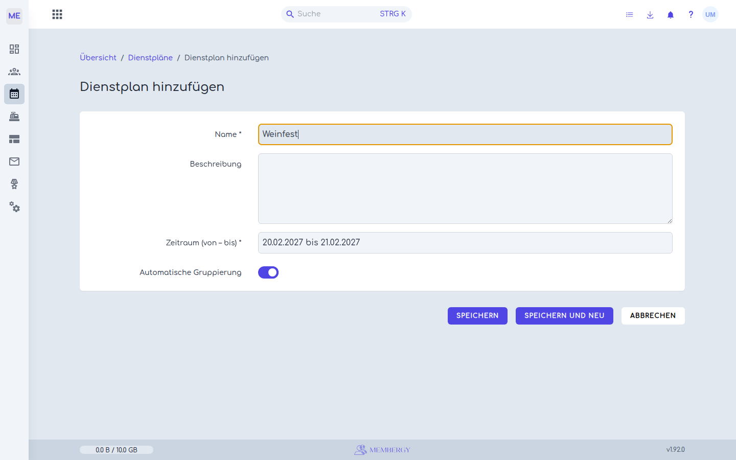 Ausgefülltes Formular für einen neuen Dienstplan