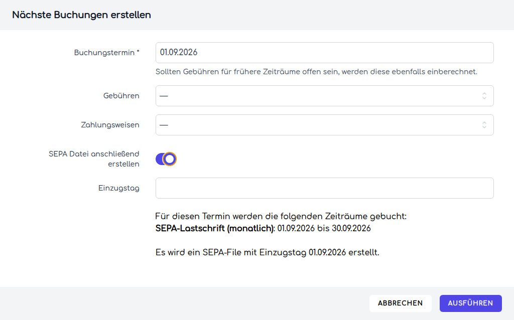 Der Dialog „Nächste Buchungen erstellen" mit SEPA-Option