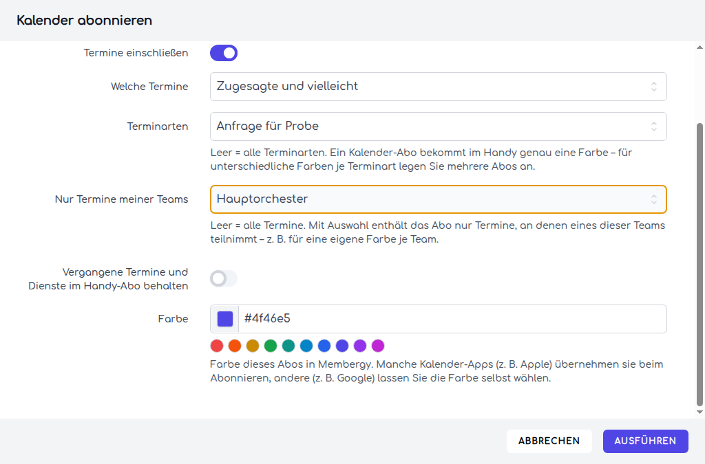 Terminart, Teamfilter, Rückblick und Farbe des Kalenderabos
